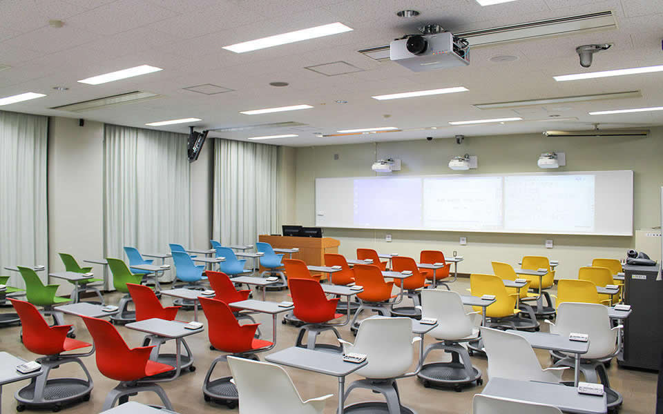 Tokai University Active learning classroom Three digital blackboards, wall-mounted projectors, clicker system